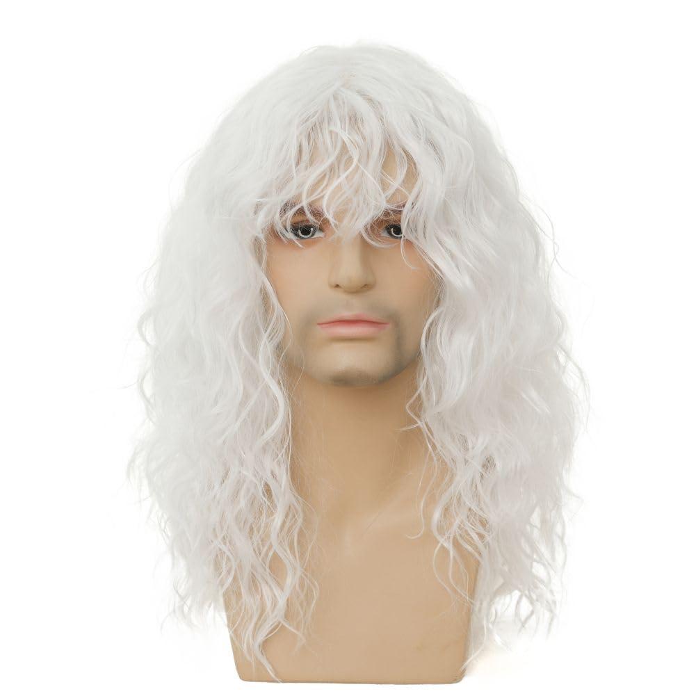 imageMens White Long Curly Wig 70s 80s Rocker Wig with Bangs Synthetic Heat Resistant Halloween Cosplay Costume WigWhite