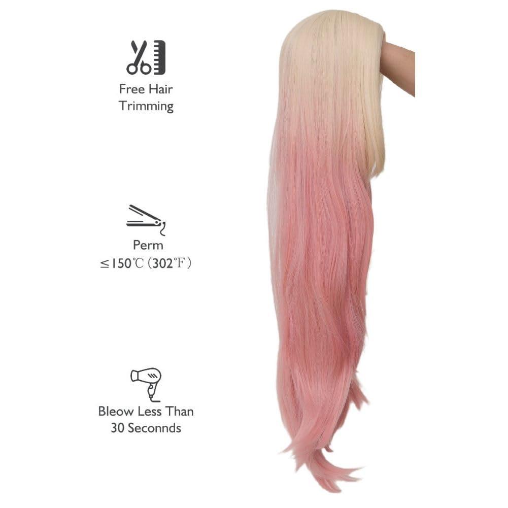 imageNeon Green Long Straight Wigs for Women with Side Bangs Natural Halloween Party Hair Heat Resistant Synthetic Wig for CosplayLight GreenBlonde Pink