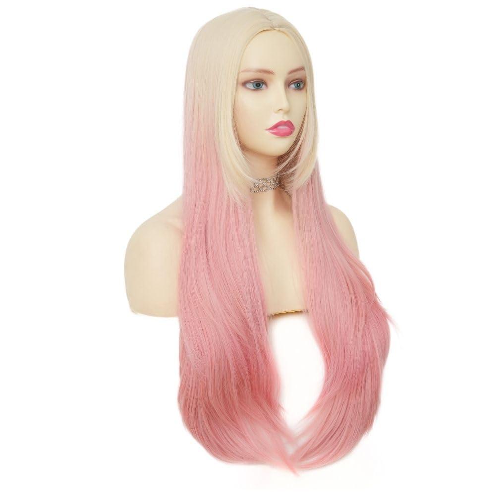 imageNeon Green Long Straight Wigs for Women with Side Bangs Natural Halloween Party Hair Heat Resistant Synthetic Wig for CosplayLight GreenBlonde Pink