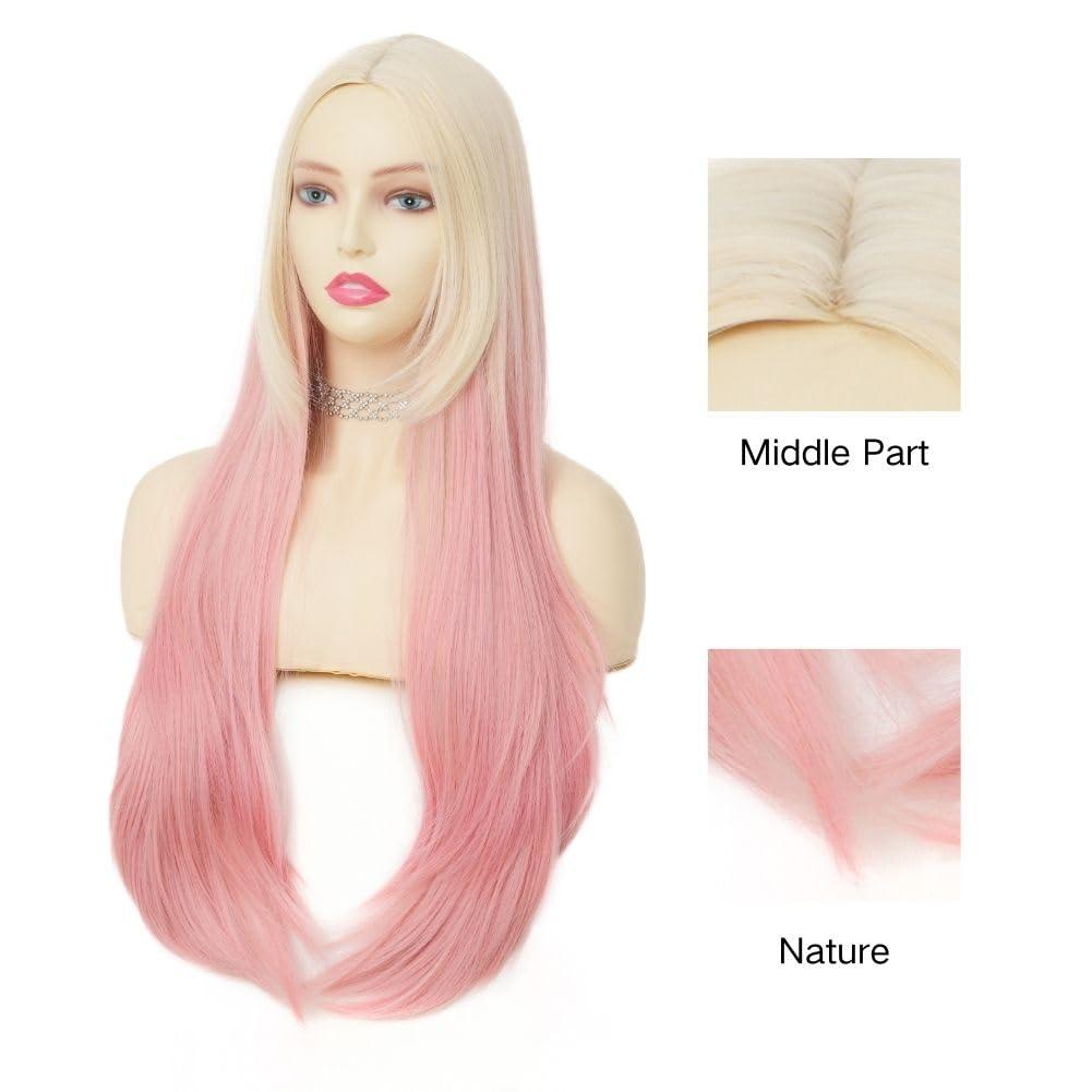 imageNeon Green Long Straight Wigs for Women with Side Bangs Natural Halloween Party Hair Heat Resistant Synthetic Wig for CosplayLight GreenBlonde Pink