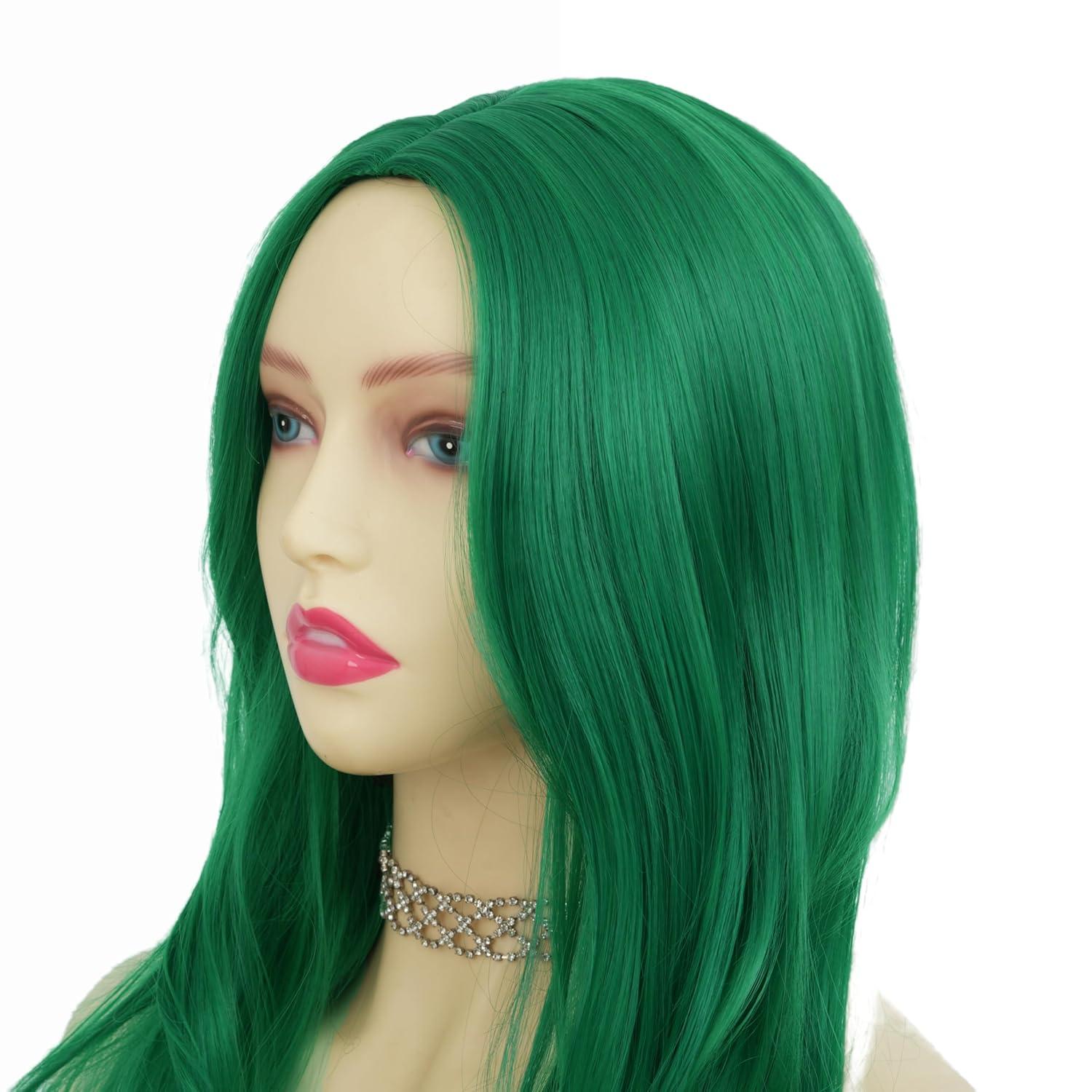 imageNeon Green Long Straight Wigs for Women with Side Bangs Natural Halloween Party Hair Heat Resistant Synthetic Wig for CosplayLight GreenCurly Green