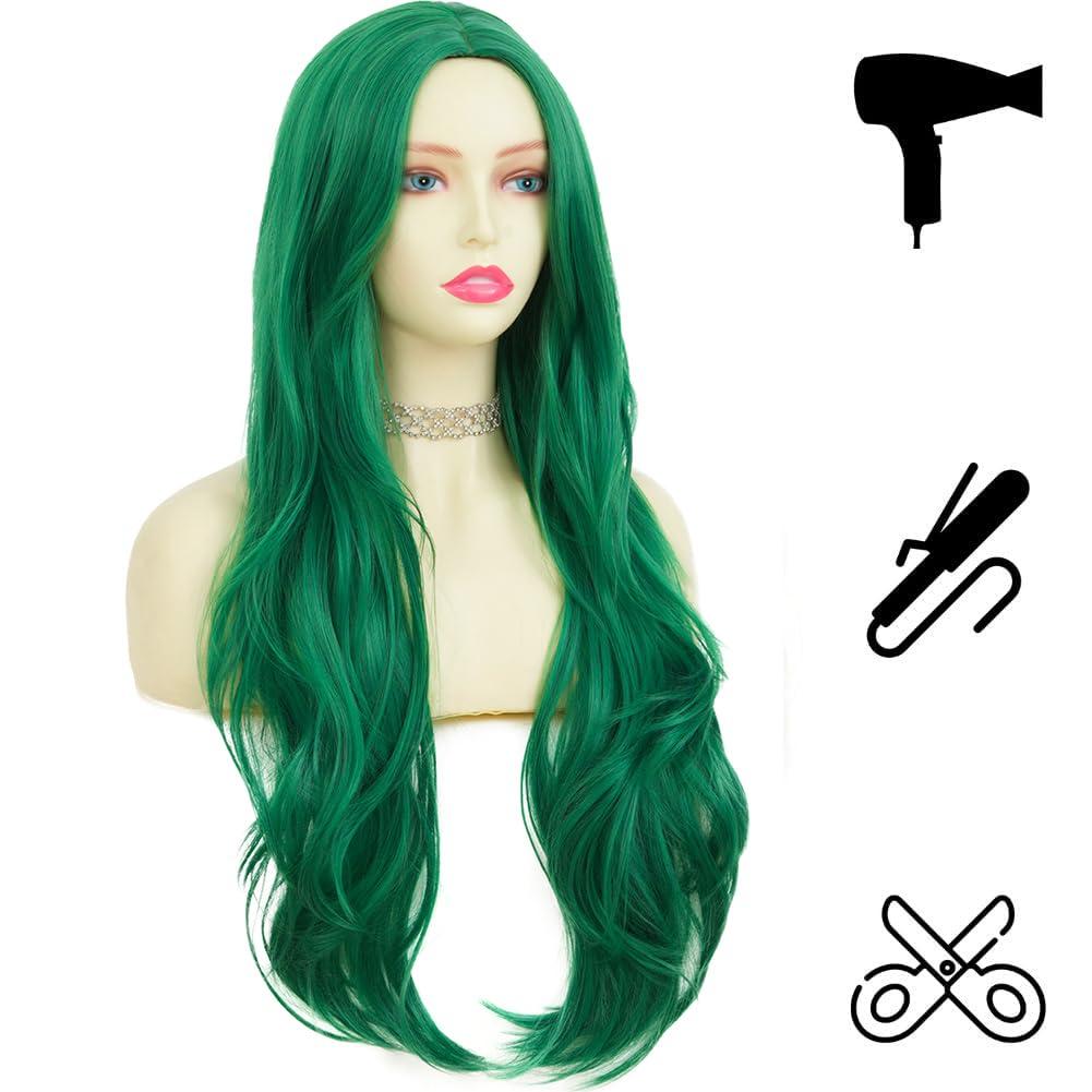imageNeon Green Long Straight Wigs for Women with Side Bangs Natural Halloween Party Hair Heat Resistant Synthetic Wig for CosplayLight GreenCurly Green