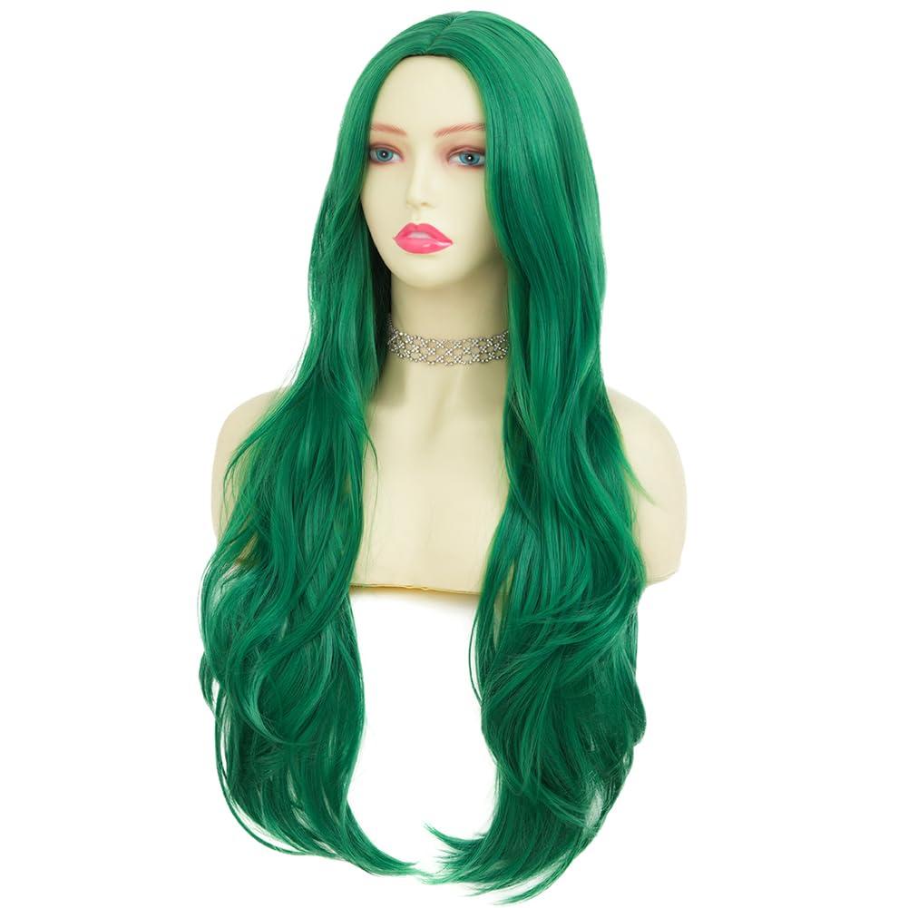 imageNeon Green Long Straight Wigs for Women with Side Bangs Natural Halloween Party Hair Heat Resistant Synthetic Wig for CosplayLight GreenCurly Green
