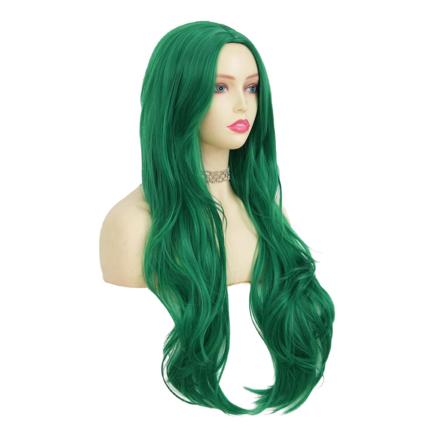 imageNeon Green Long Straight Wigs for Women with Side Bangs Natural Halloween Party Hair Heat Resistant Synthetic Wig for CosplayLight GreenCurly Green