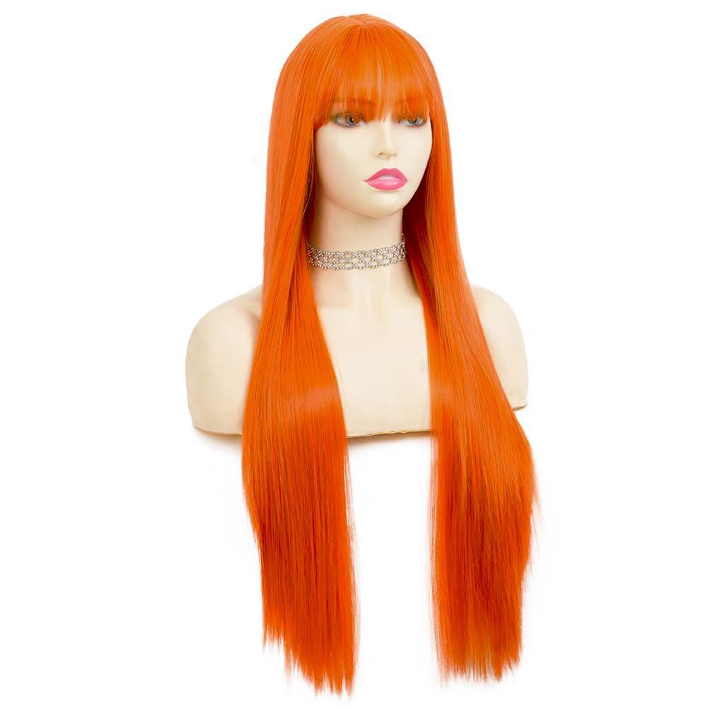 imageNeon Green Long Straight Wigs for Women with Side Bangs Natural Halloween Party Hair Heat Resistant Synthetic Wig for CosplayLight GreenOrange
