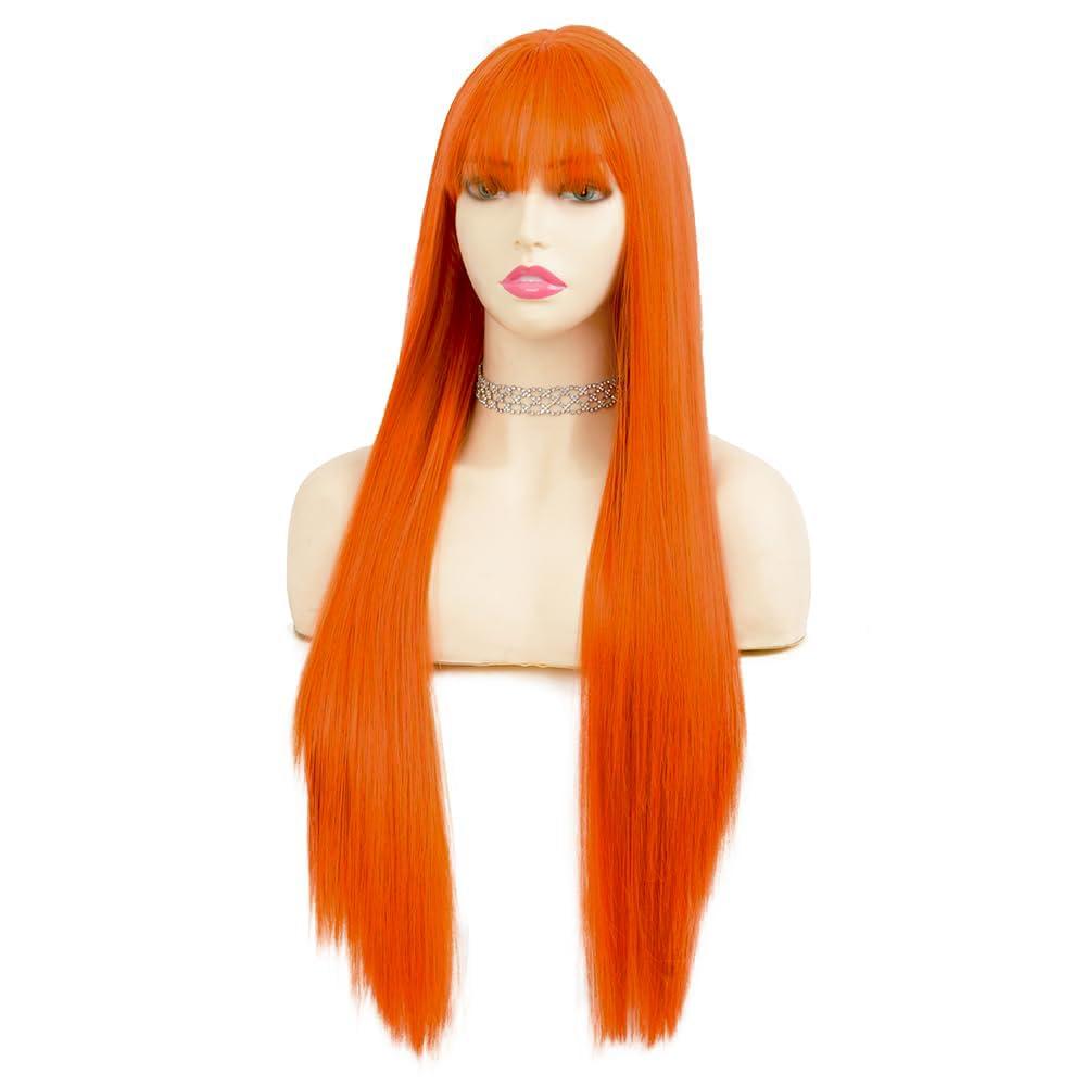 imageNeon Green Long Straight Wigs for Women with Side Bangs Natural Halloween Party Hair Heat Resistant Synthetic Wig for CosplayLight GreenOrange