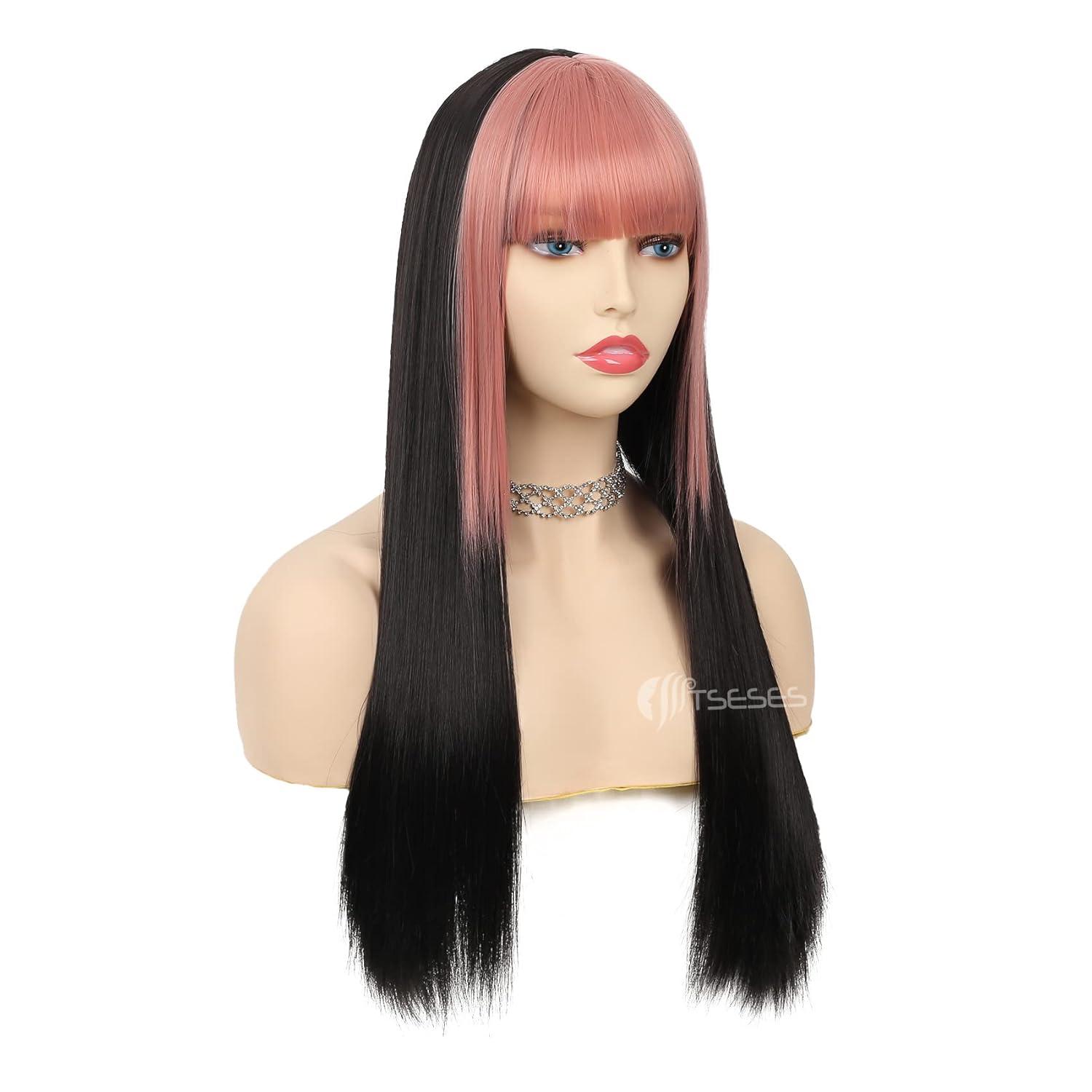 imageNeon Green Long Straight Wigs for Women with Side Bangs Natural Halloween Party Hair Heat Resistant Synthetic Wig for CosplayLight GreenPink and Black