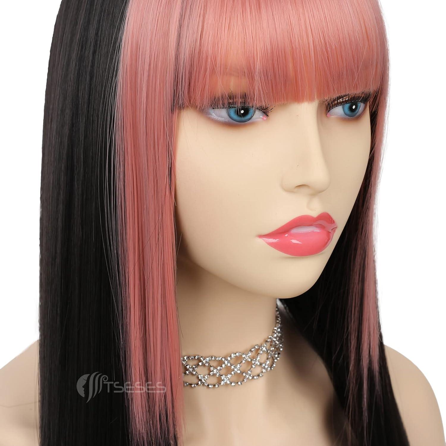 imageNeon Green Long Straight Wigs for Women with Side Bangs Natural Halloween Party Hair Heat Resistant Synthetic Wig for CosplayLight GreenPink and Black