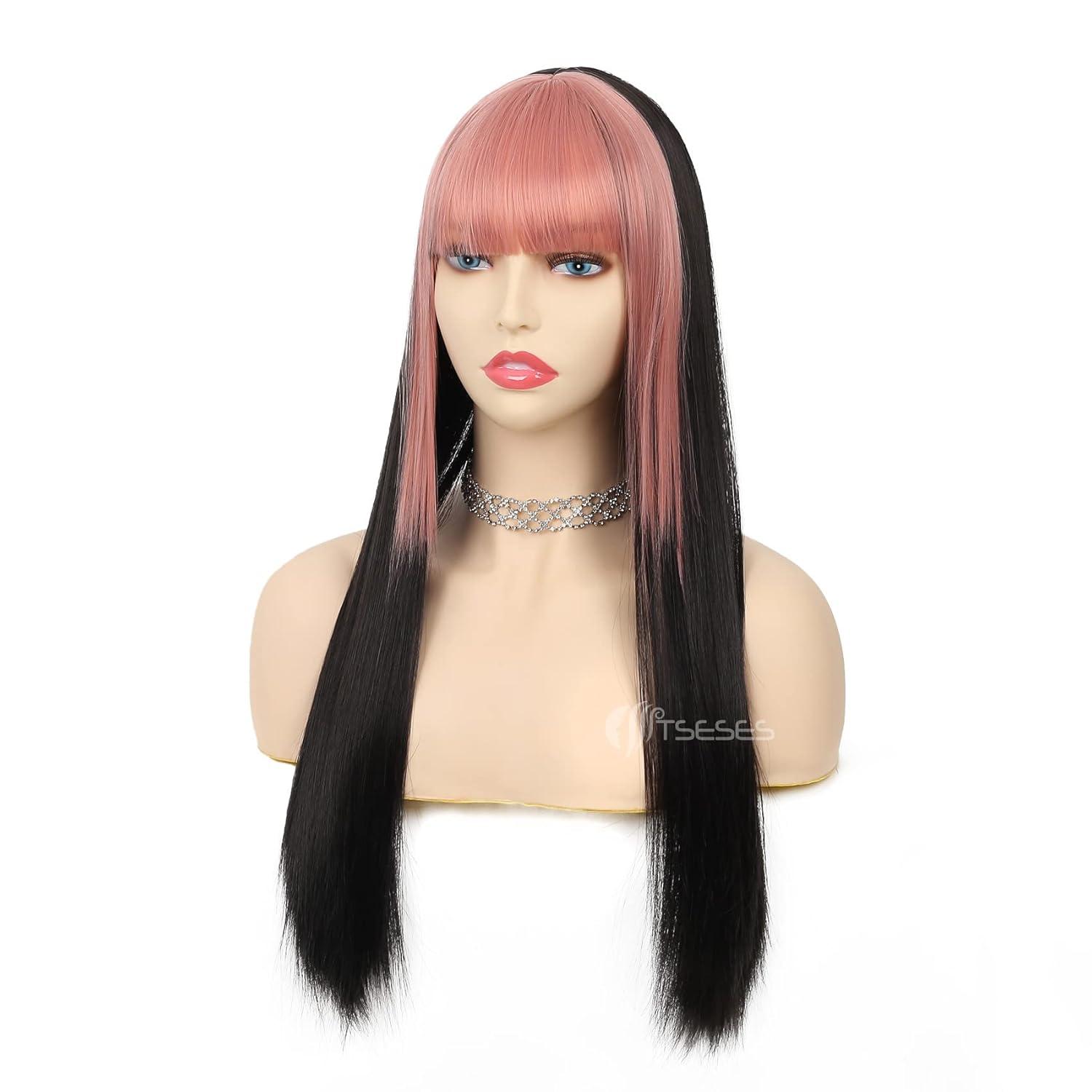 imageNeon Green Long Straight Wigs for Women with Side Bangs Natural Halloween Party Hair Heat Resistant Synthetic Wig for CosplayLight GreenPink and Black