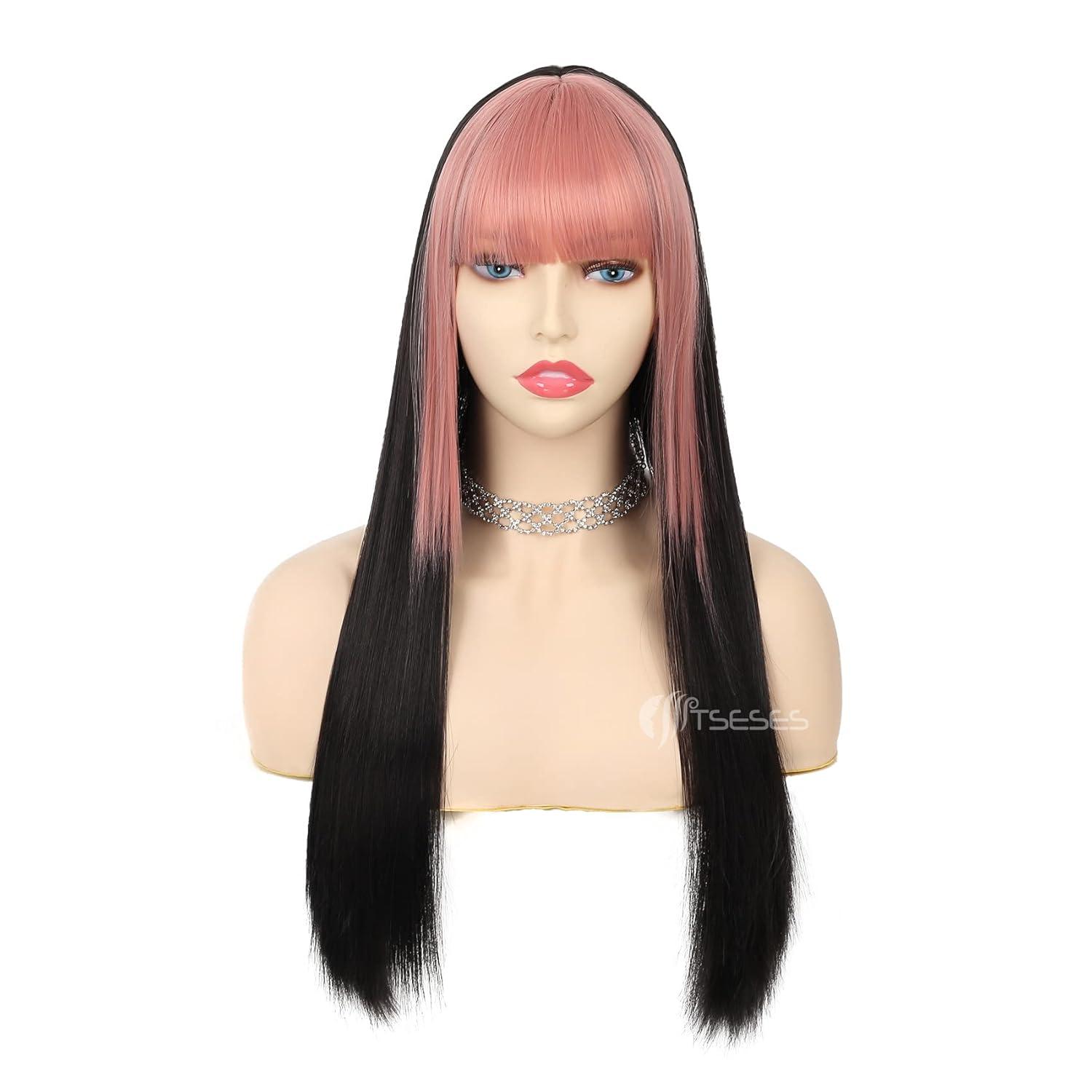 imageNeon Green Long Straight Wigs for Women with Side Bangs Natural Halloween Party Hair Heat Resistant Synthetic Wig for CosplayLight GreenPink and Black