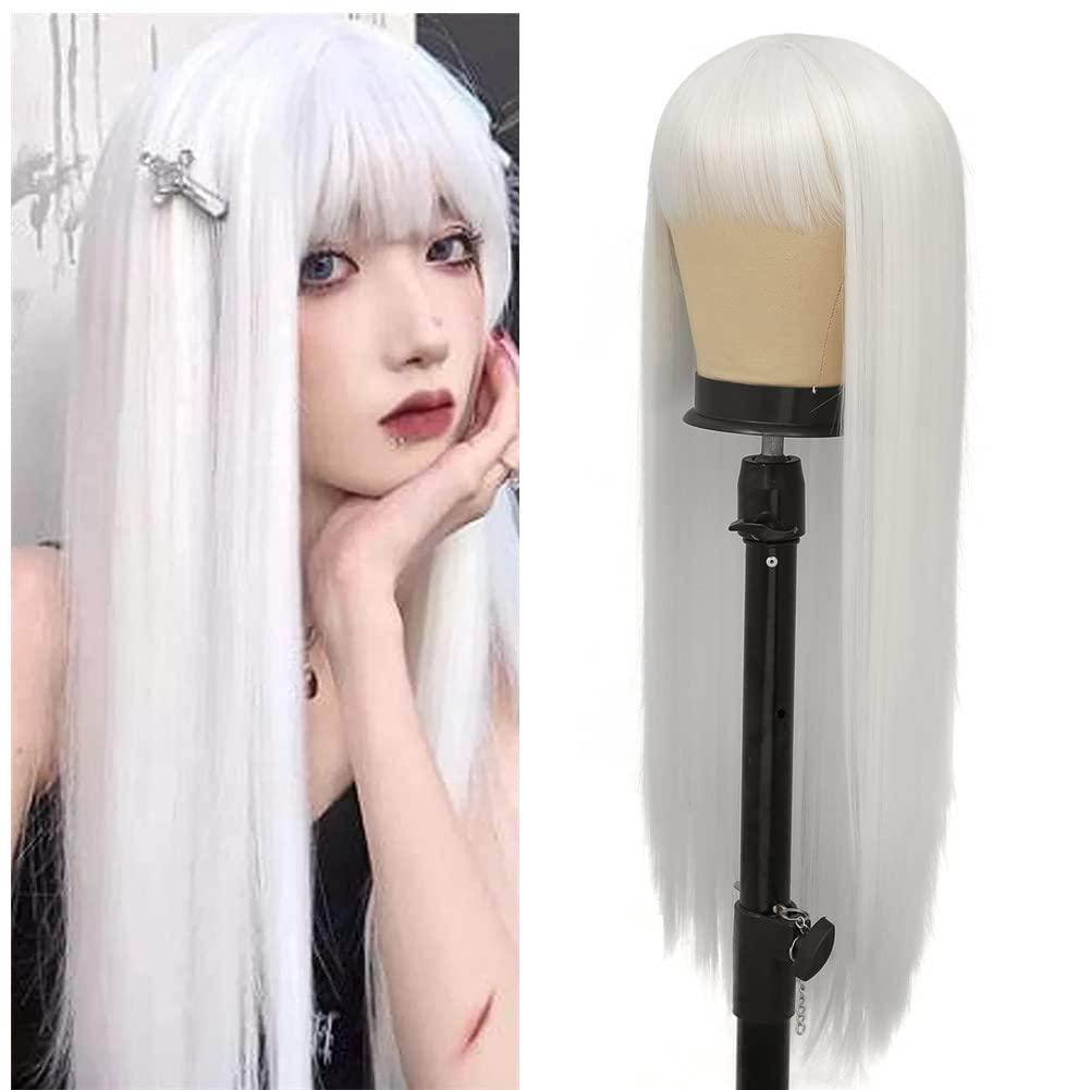 imageNeon Green Long Straight Wigs for Women with Side Bangs Natural Halloween Party Hair Heat Resistant Synthetic Wig for CosplayLight GreenWhite