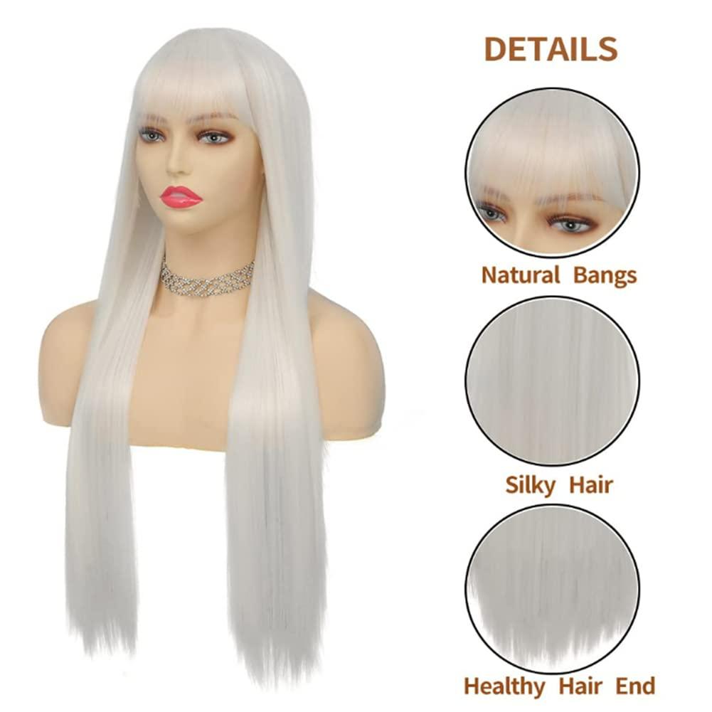 imageNeon Green Long Straight Wigs for Women with Side Bangs Natural Halloween Party Hair Heat Resistant Synthetic Wig for CosplayLight GreenWhite