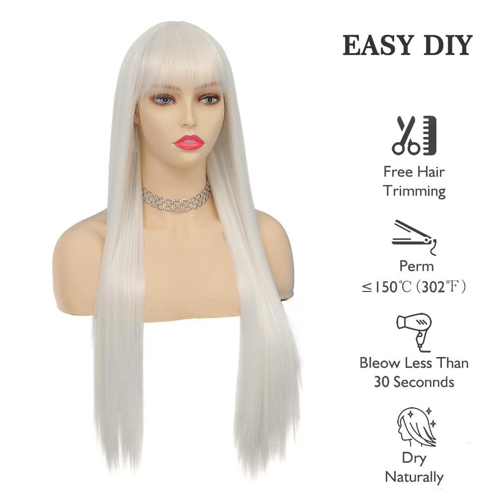 imageNeon Green Long Straight Wigs for Women with Side Bangs Natural Halloween Party Hair Heat Resistant Synthetic Wig for CosplayLight GreenWhite