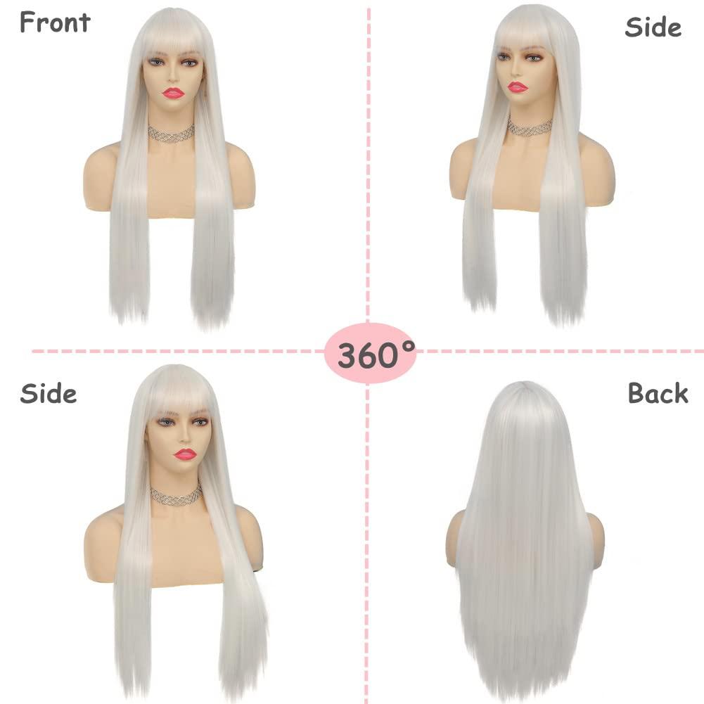 imageNeon Green Long Straight Wigs for Women with Side Bangs Natural Halloween Party Hair Heat Resistant Synthetic Wig for CosplayLight GreenWhite