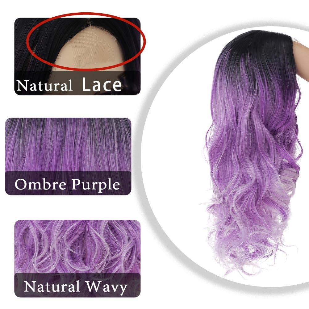 imageOmbre Blue Wigs for Women Long Curly Wave Wigs Middle Part Hair Natural Synthetic Hair Halloween Cosplay WigPurple