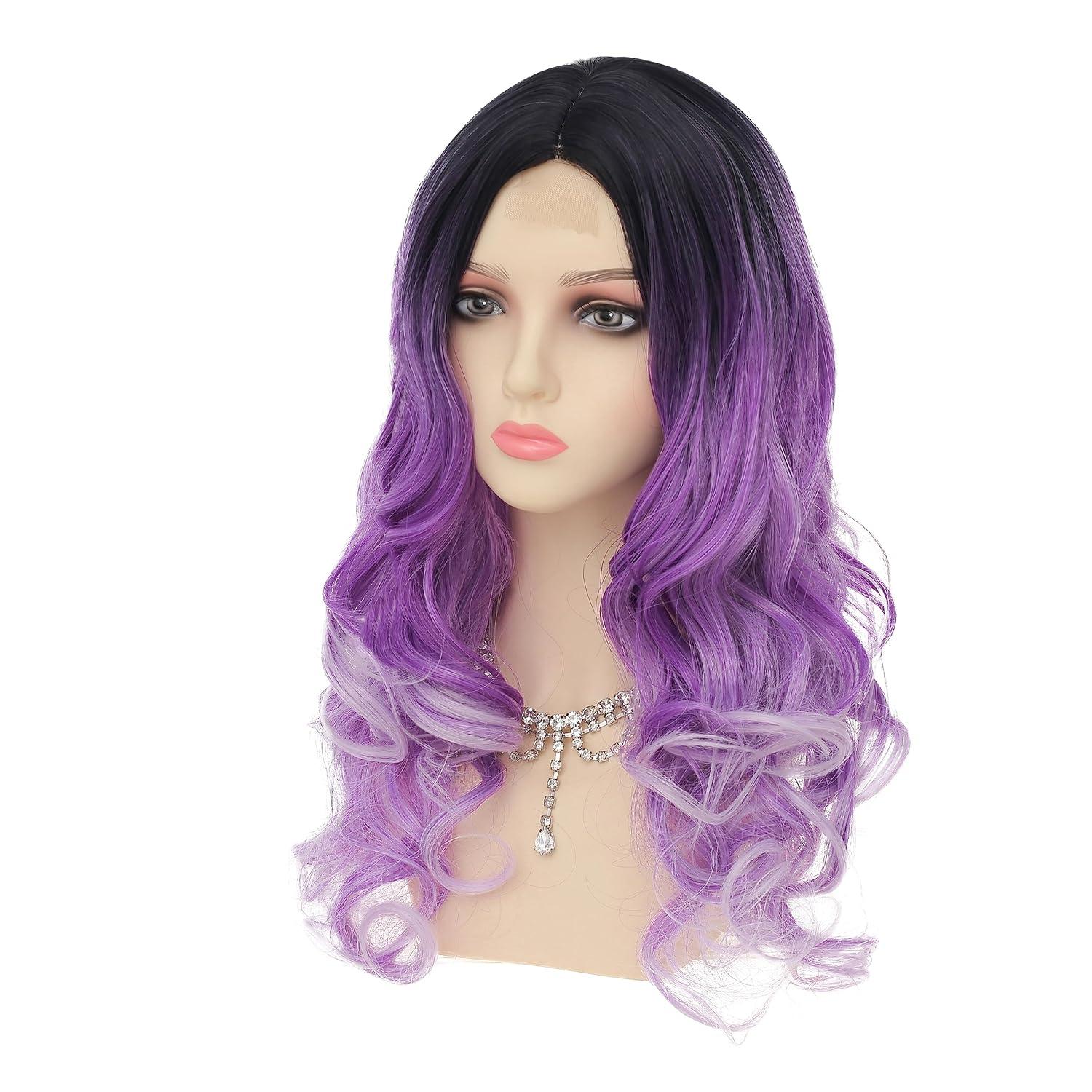 imageOmbre Blue Wigs for Women Long Curly Wave Wigs Middle Part Hair Natural Synthetic Hair Halloween Cosplay WigPurple