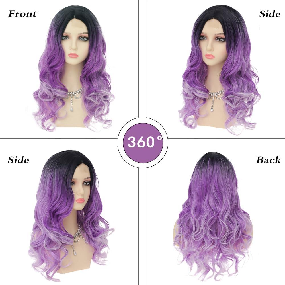 imageOmbre Blue Wigs for Women Long Curly Wave Wigs Middle Part Hair Natural Synthetic Hair Halloween Cosplay WigPurple