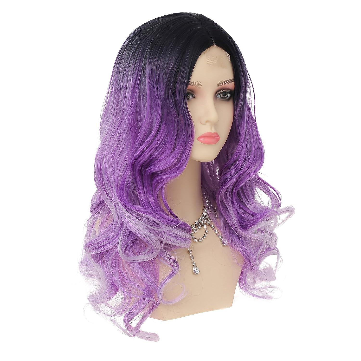imageOmbre Blue Wigs for Women Long Curly Wave Wigs Middle Part Hair Natural Synthetic Hair Halloween Cosplay WigPurple