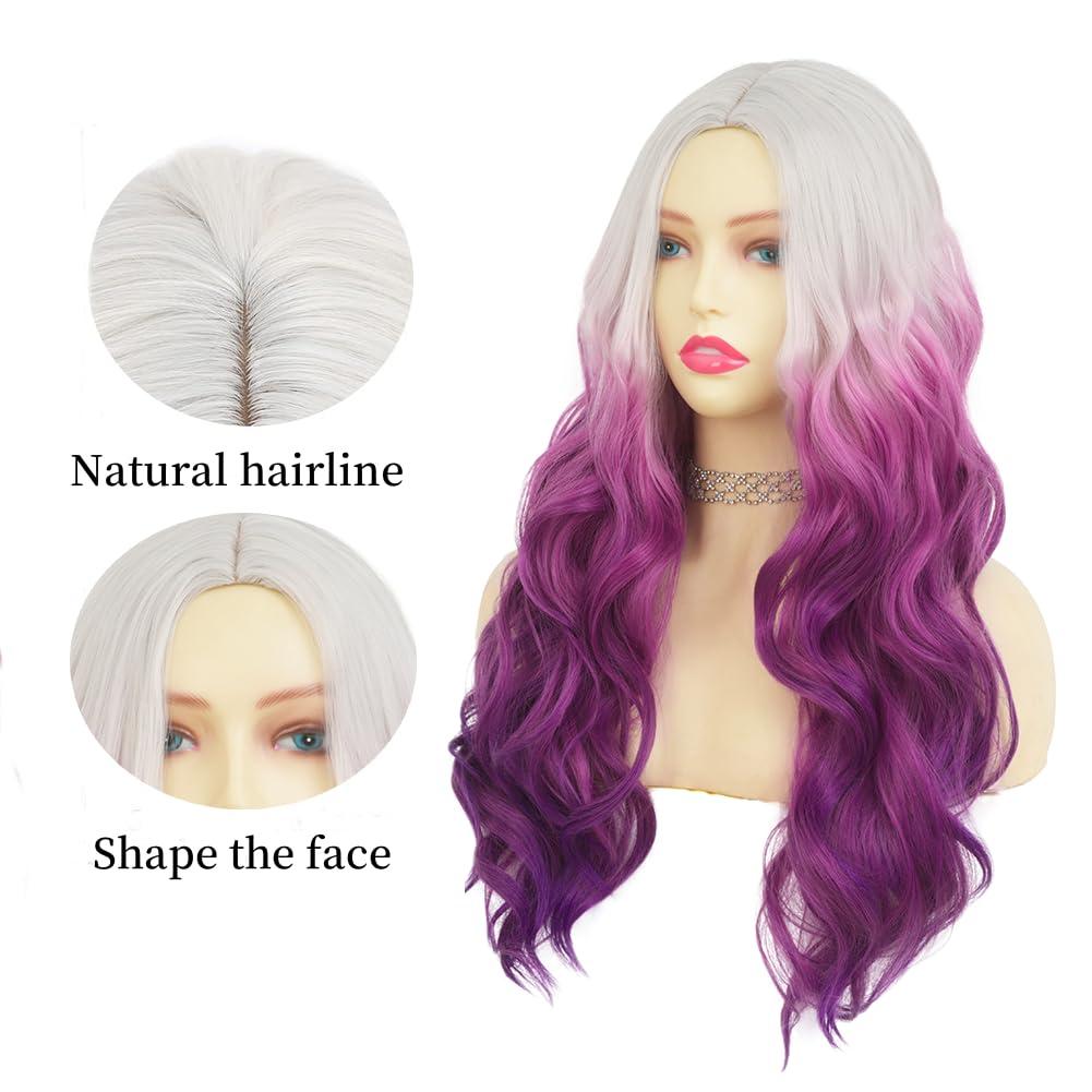 imageOmbre Purple Curly Wigs for Women Long Curly Wave Middle Part Synthetic Wig for Halloween Costume WigGrey ombre purpleCurly Purple