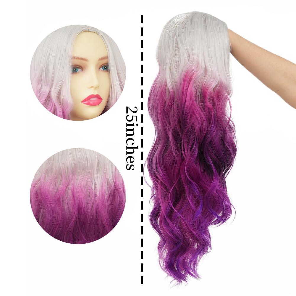 imageOmbre Purple Curly Wigs for Women Long Curly Wave Middle Part Synthetic Wig for Halloween Costume WigGrey ombre purpleCurly Purple