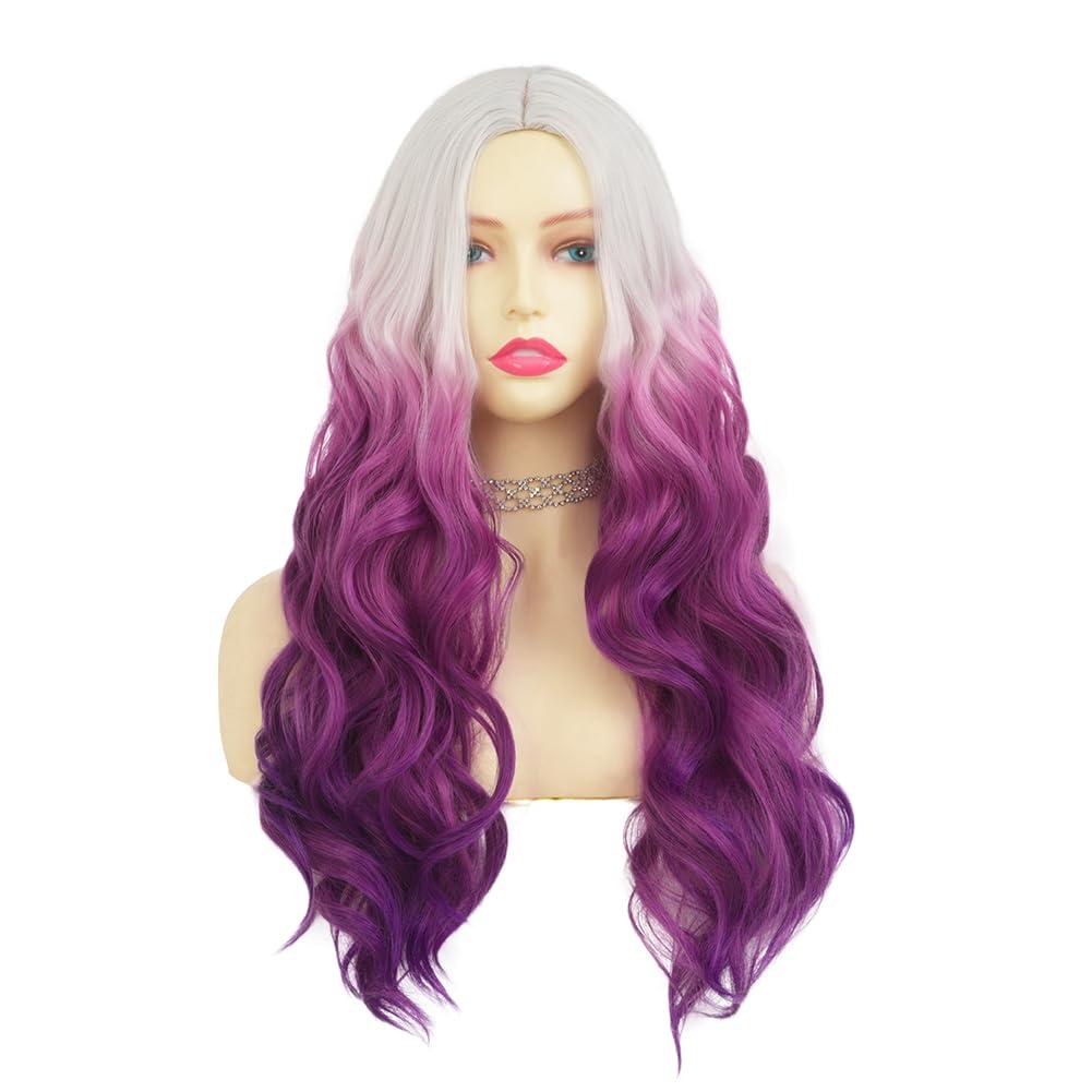 imageOmbre Purple Curly Wigs for Women Long Curly Wave Middle Part Synthetic Wig for Halloween Costume WigGrey ombre purpleCurly Purple