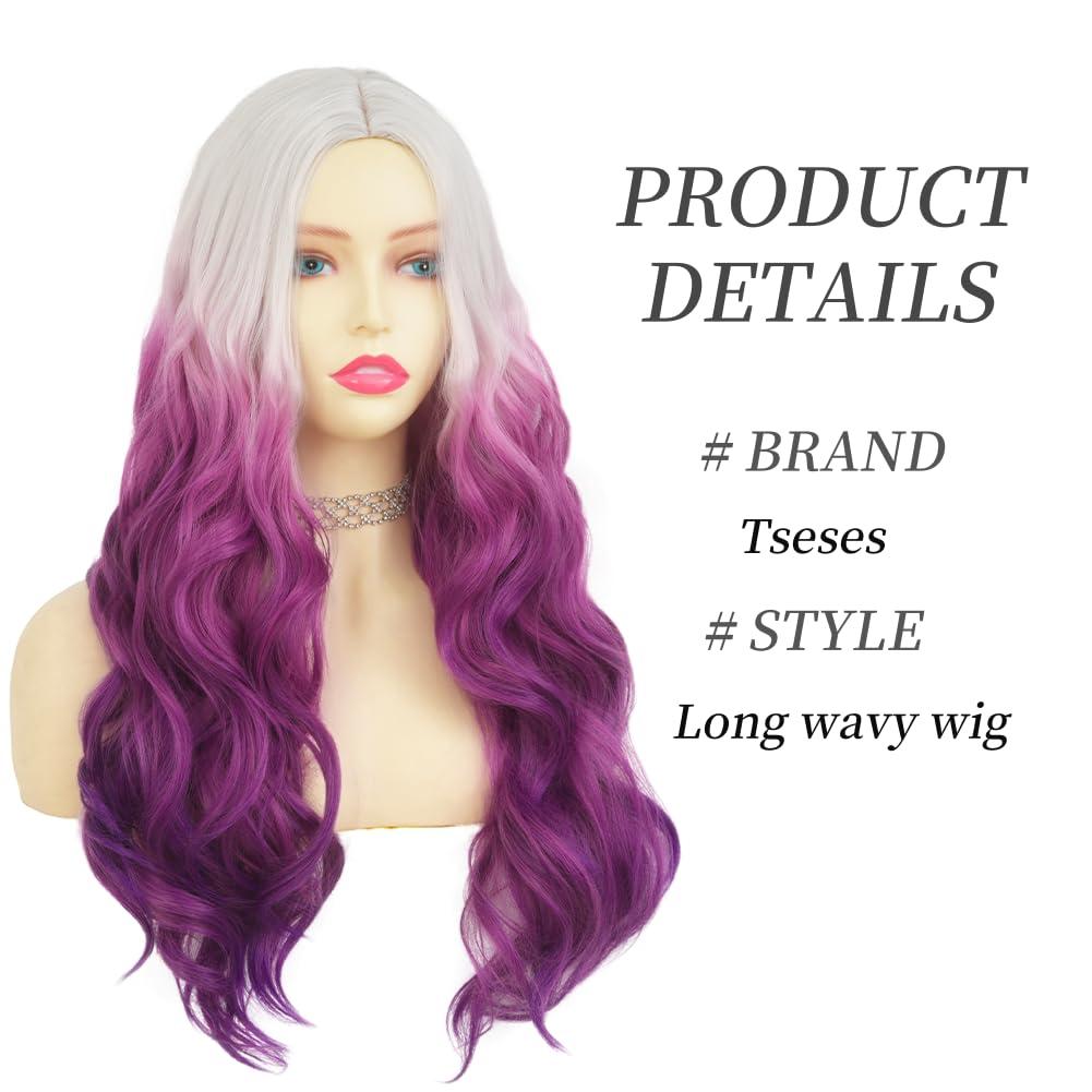 imageOmbre Purple Curly Wigs for Women Long Curly Wave Middle Part Synthetic Wig for Halloween Costume WigGrey ombre purpleCurly Purple