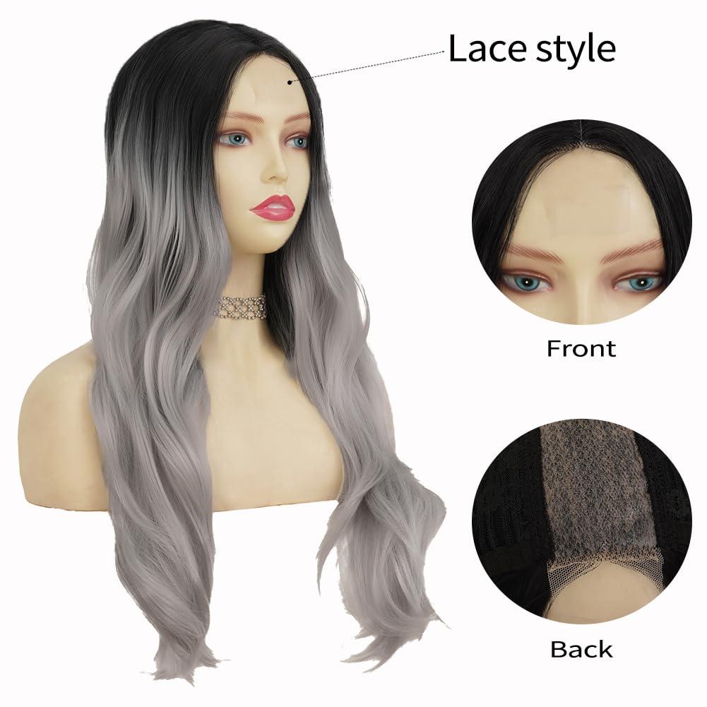 imageOmbre Purple Curly Wigs for Women Long Curly Wave Middle Part Synthetic Wig for Halloween Costume WigGrey ombre purpleGreylace front