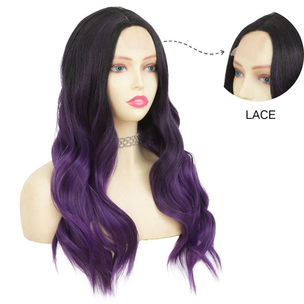 imageOmbre Purple Curly Wigs for Women Long Curly Wave Middle Part Synthetic Wig for Halloween Costume WigGrey ombre purplePurplelace front