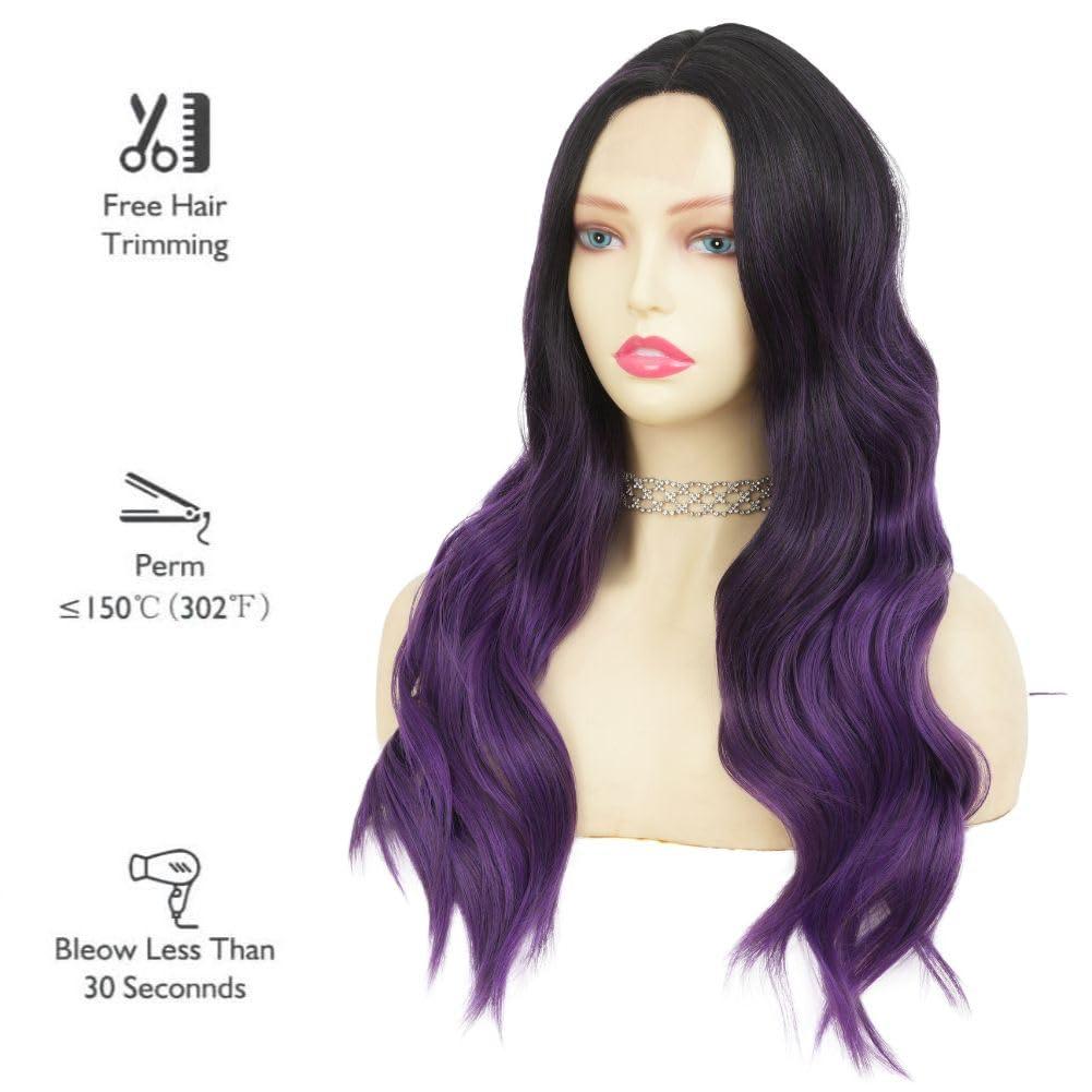 imageOmbre Purple Curly Wigs for Women Long Curly Wave Middle Part Synthetic Wig for Halloween Costume WigGrey ombre purplePurplelace front