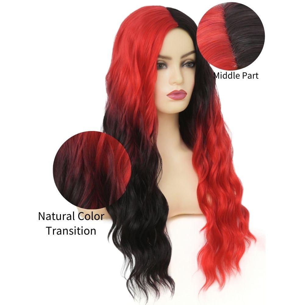 imageOmbre Red Long straight Wigs for Women Synthetic Hair Wigs Dark Roots Hair Women Wig for Cosplay Halloween Party Daily Use Ombre Wine RedBlack and Red
