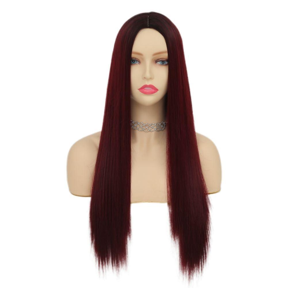 imageOmbre Red Long straight Wigs for Women Synthetic Hair Wigs Dark Roots Hair Women Wig for Cosplay Halloween Party Daily Use Ombre Wine RedWine Red