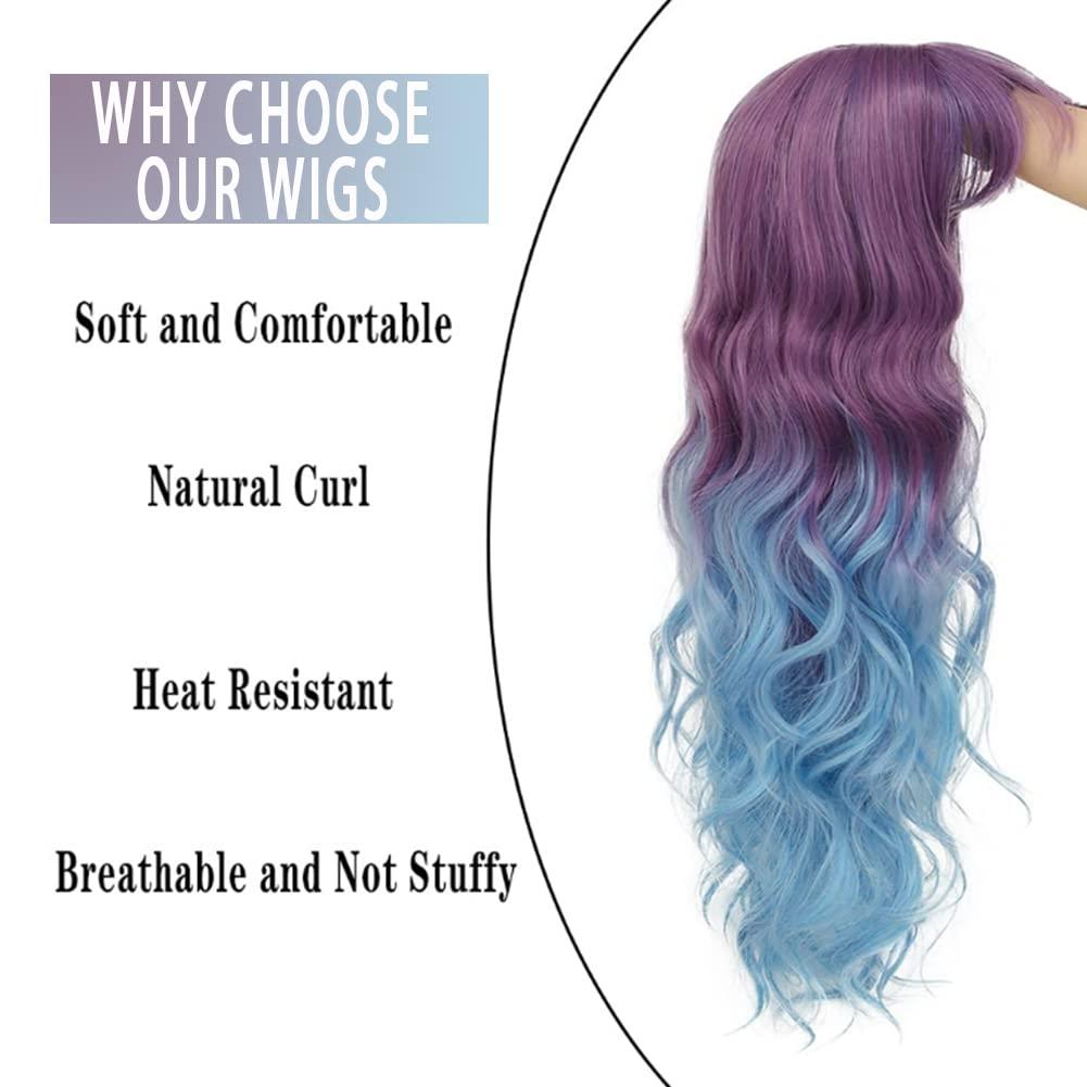 imagePurple to Blue Long Curly Wigs for Women Ombre Purple Synthetic Hair Natural Looking Wavy Wig Halloween Cosplay Hair WigPurpleBlue
