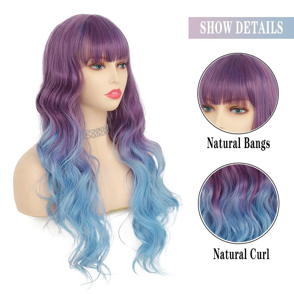imagePurple to Blue Long Curly Wigs for Women Ombre Purple Synthetic Hair Natural Looking Wavy Wig Halloween Cosplay Hair WigPurpleBlue