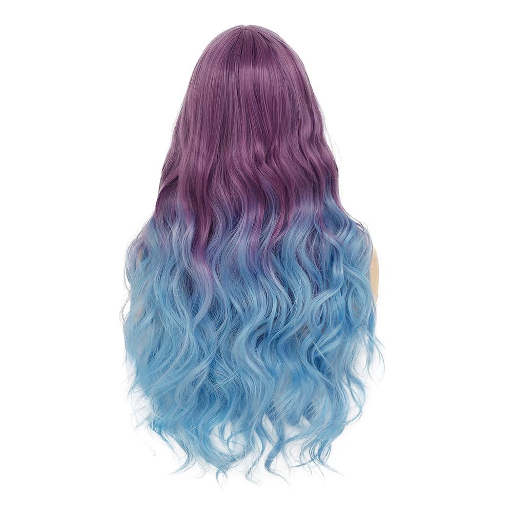 imagePurple to Blue Long Curly Wigs for Women Ombre Purple Synthetic Hair Natural Looking Wavy Wig Halloween Cosplay Hair WigPurpleBlue