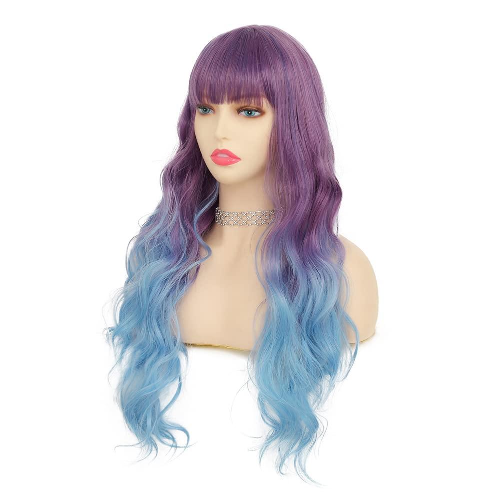 imagePurple to Blue Long Curly Wigs for Women Ombre Purple Synthetic Hair Natural Looking Wavy Wig Halloween Cosplay Hair WigPurpleBlue
