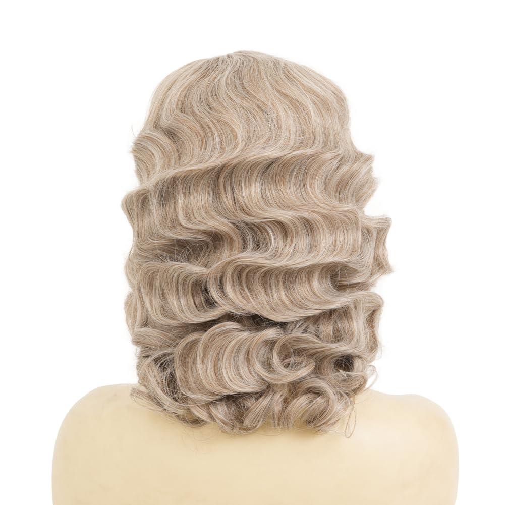 imageShort Blonde Finger Wave Wig for Women 1920s Curly Synthetic Flapper Wig Heat Resistant Side Part Vintage Halloween Cosplay Costume Hair WigsBlonde