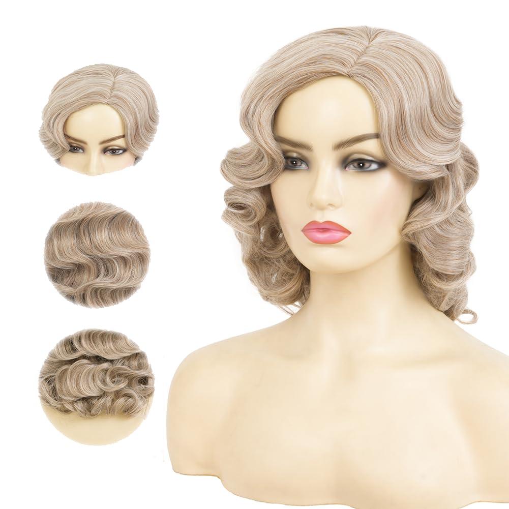 imageShort Blonde Finger Wave Wig for Women 1920s Curly Synthetic Flapper Wig Heat Resistant Side Part Vintage Halloween Cosplay Costume Hair WigsBlonde