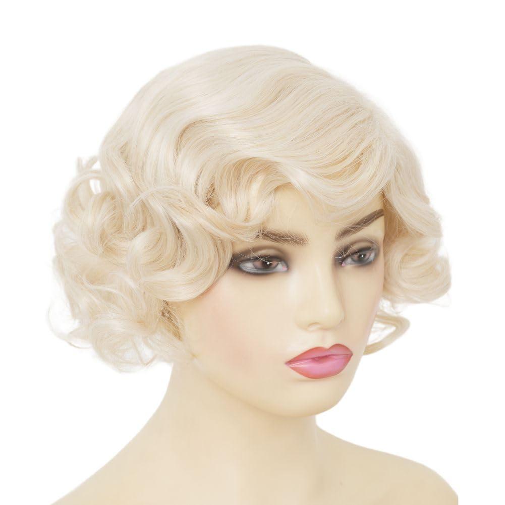 imageShort Blonde Finger Wave Wig for Women 1920s Curly Synthetic Flapper Wig Heat Resistant Side Part Vintage Halloween Cosplay Costume Hair WigsFinger Blonde