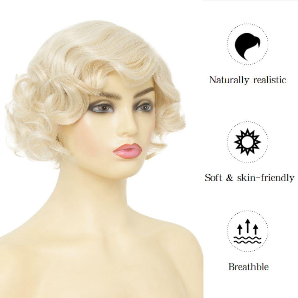 imageShort Blonde Finger Wave Wig for Women 1920s Curly Synthetic Flapper Wig Heat Resistant Side Part Vintage Halloween Cosplay Costume Hair WigsFinger Blonde