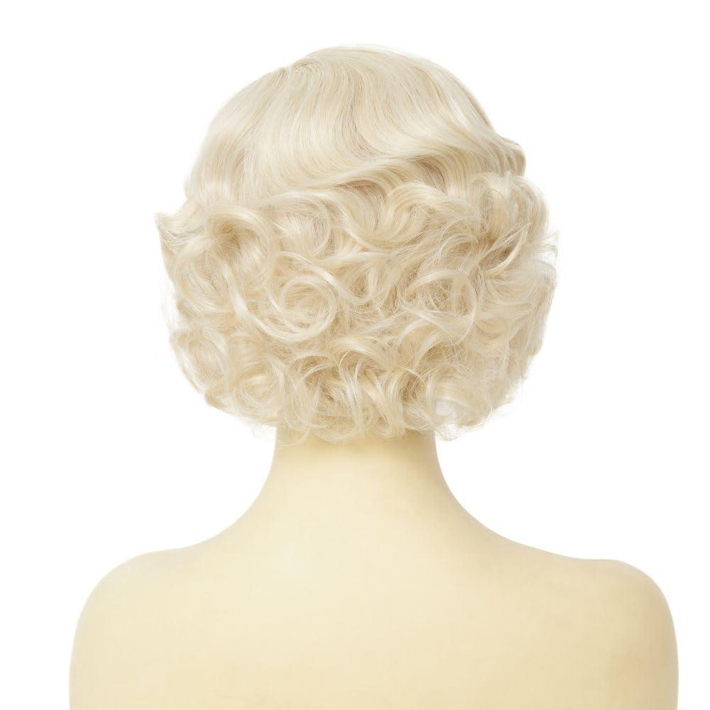 imageShort Blonde Finger Wave Wig for Women 1920s Curly Synthetic Flapper Wig Heat Resistant Side Part Vintage Halloween Cosplay Costume Hair WigsFinger Blonde
