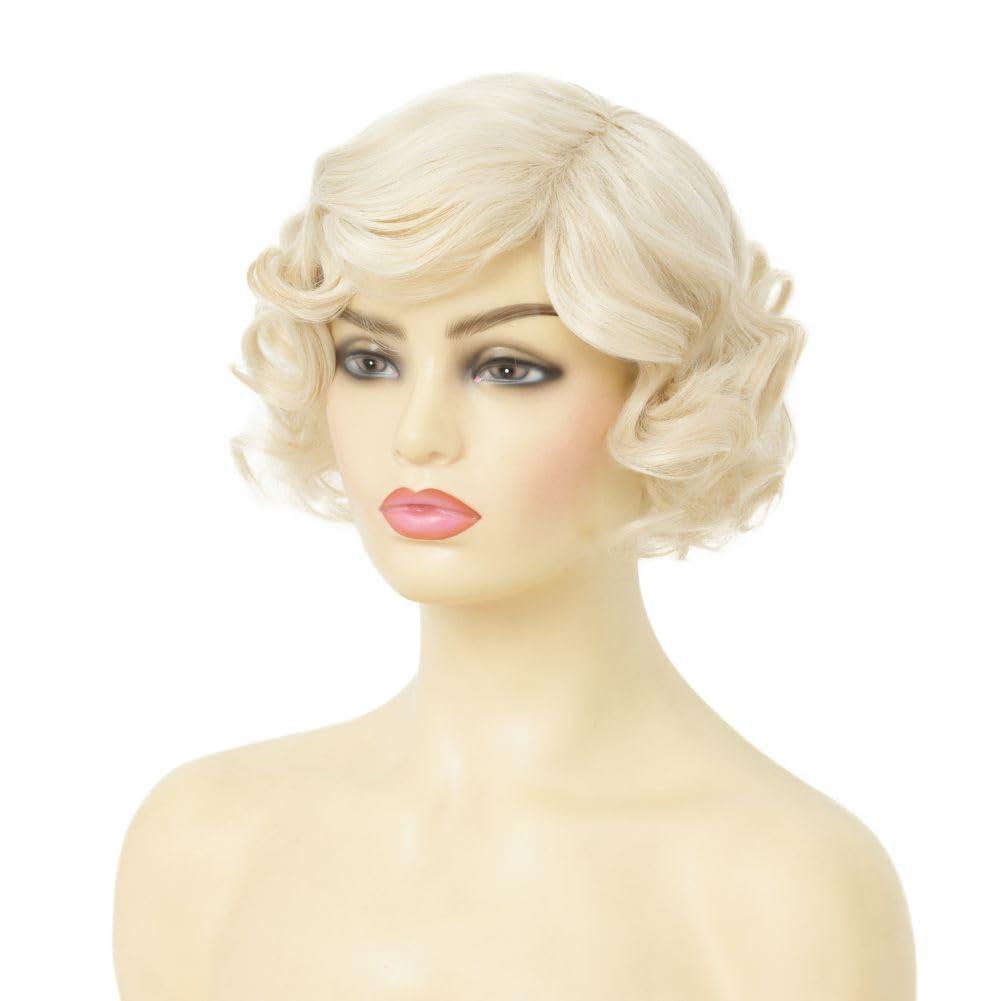 imageShort Blonde Finger Wave Wig for Women 1920s Curly Synthetic Flapper Wig Heat Resistant Side Part Vintage Halloween Cosplay Costume Hair WigsFinger Blonde