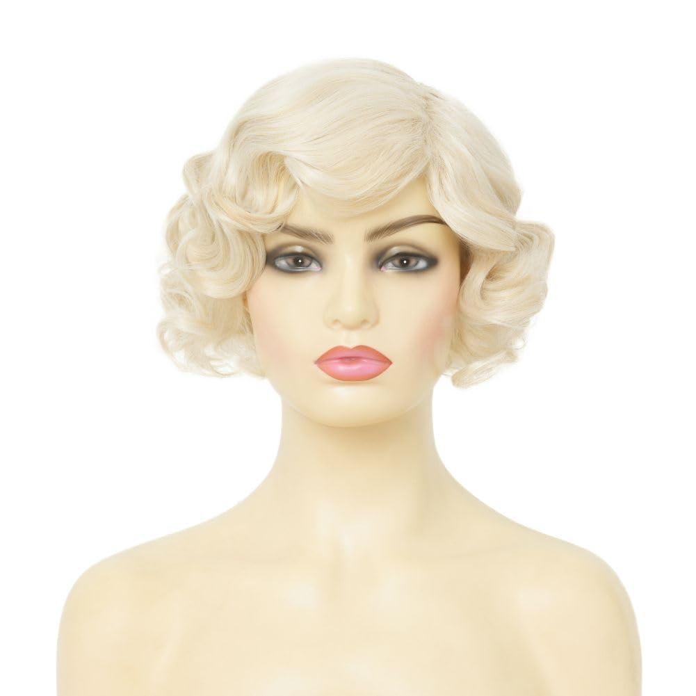 imageShort Blonde Finger Wave Wig for Women 1920s Curly Synthetic Flapper Wig Heat Resistant Side Part Vintage Halloween Cosplay Costume Hair WigsFinger Blonde