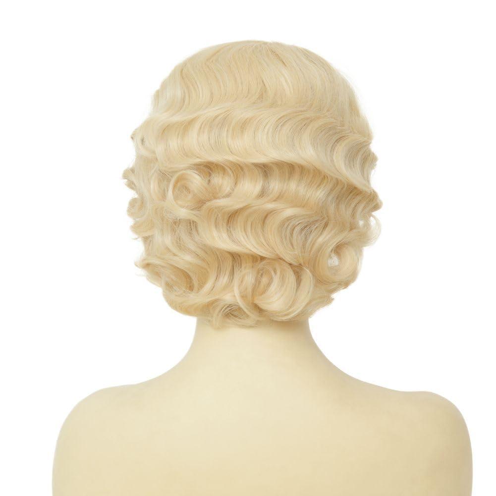 imageShort Pink Curly 1920s Wigs for Women Finger Wave Wig for Lady Halloween Costume Party Cosplay Hair WigsBlonde