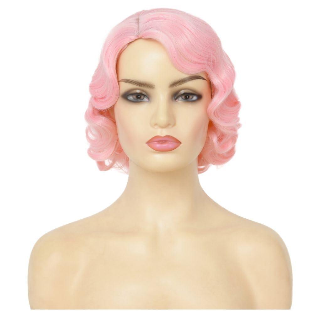 imageShort Pink Curly 1920s Wigs for Women Finger Wave Wig for Lady Halloween Costume Party Cosplay Hair WigsPink