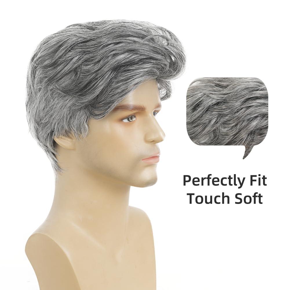 imageWhite Mens Short Wig Natural Fluffy Synthetic Hair Wig for Male Guy Daily Party Costume Wig WhiteLayered Grey