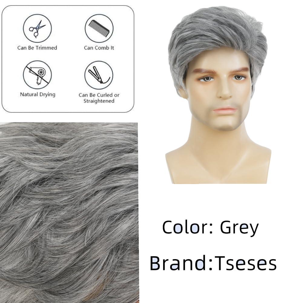 imageWhite Mens Short Wig Natural Fluffy Synthetic Hair Wig for Male Guy Daily Party Costume Wig WhiteLayered Grey