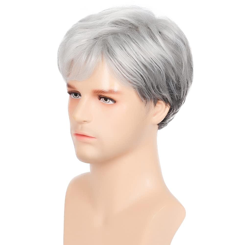 imageWhite Mens Short Wig Natural Fluffy Synthetic Hair Wig for Male Guy Daily Party Costume Wig WhiteNatural Grey