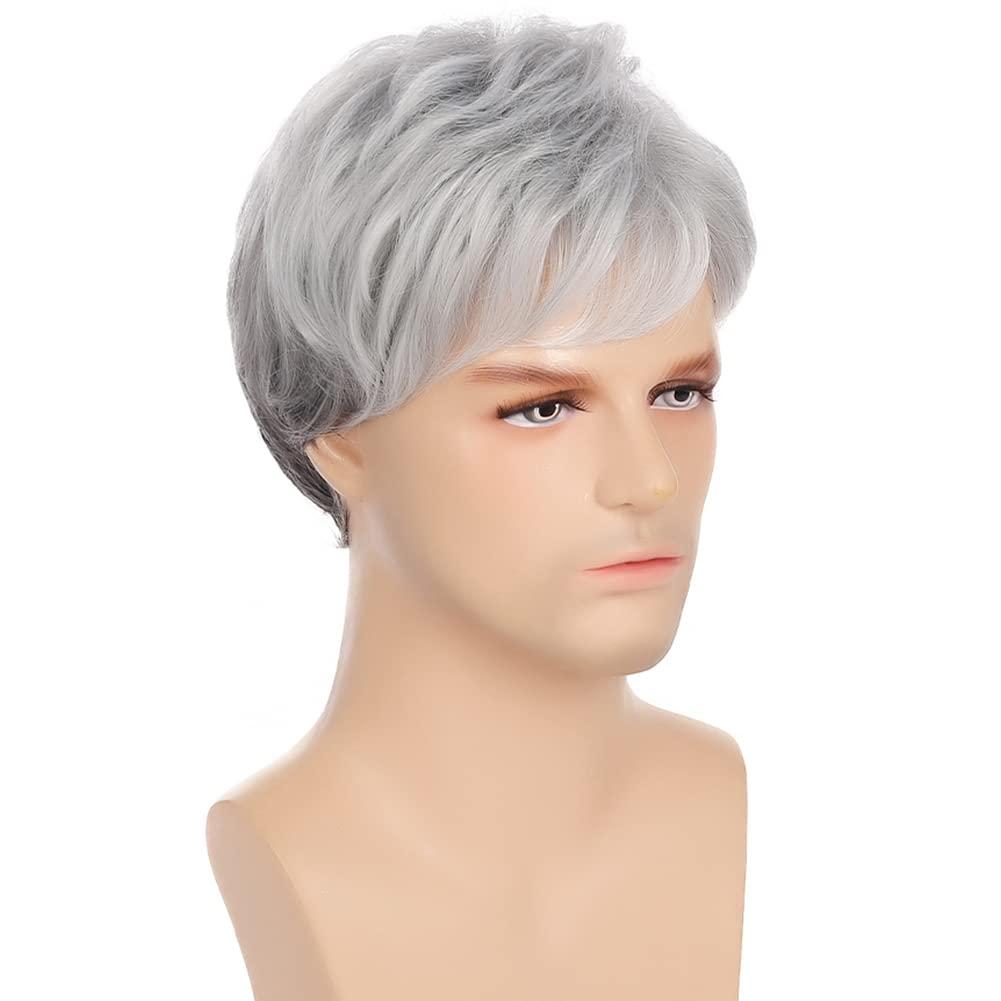 imageWhite Mens Short Wig Natural Fluffy Synthetic Hair Wig for Male Guy Daily Party Costume Wig WhiteNatural Grey
