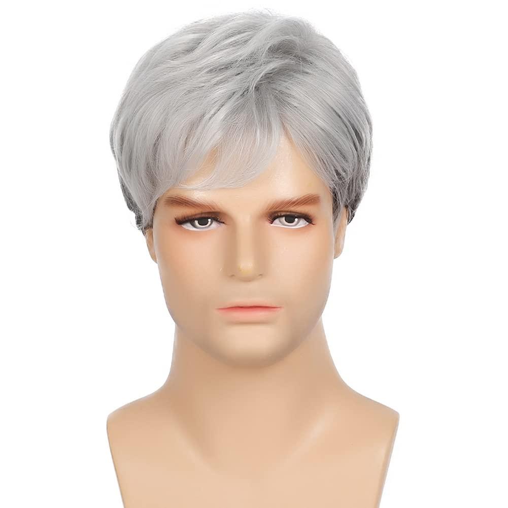 imageWhite Mens Short Wig Natural Fluffy Synthetic Hair Wig for Male Guy Daily Party Costume Wig WhiteNatural Grey