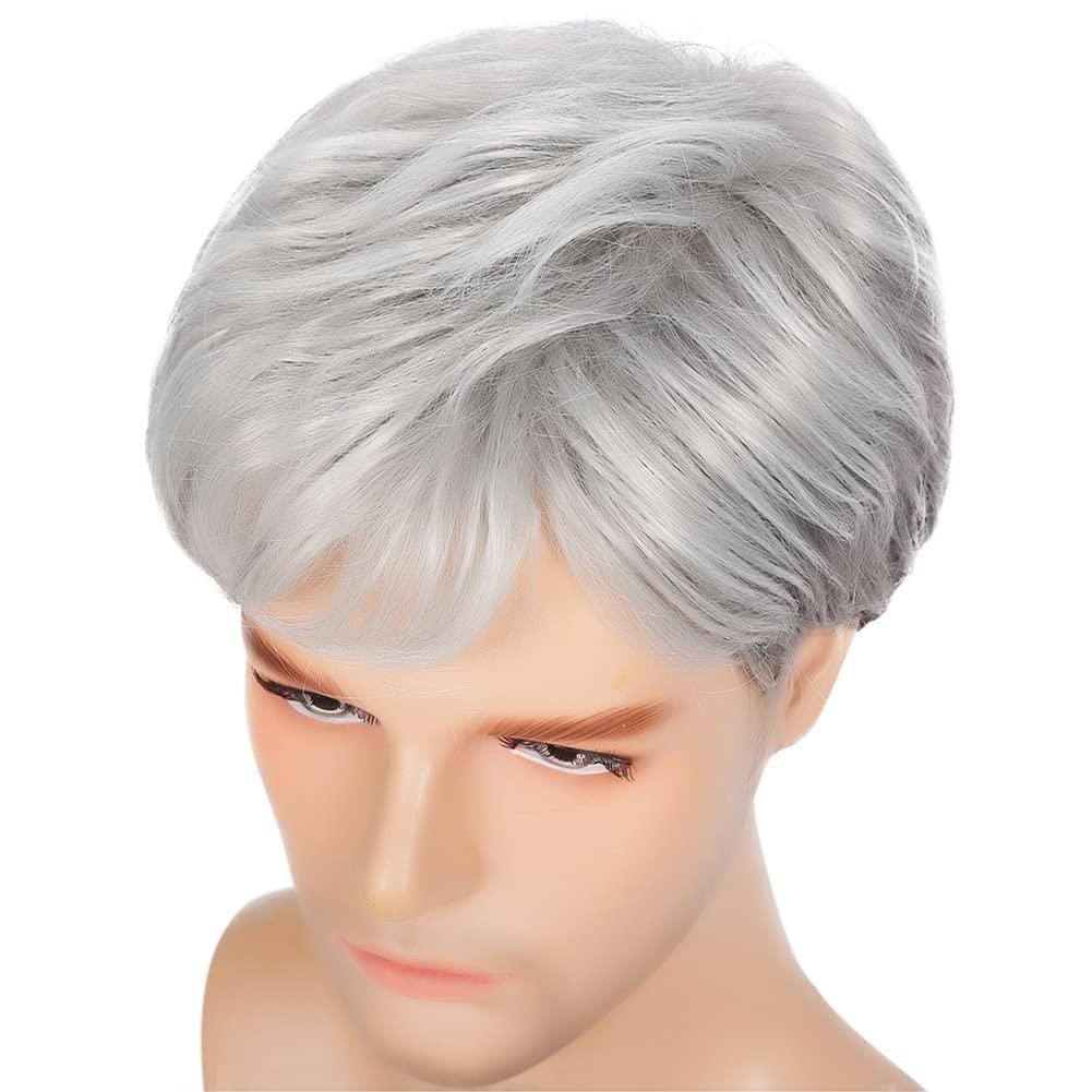 imageWhite Mens Short Wig Natural Fluffy Synthetic Hair Wig for Male Guy Daily Party Costume Wig WhiteNatural Grey